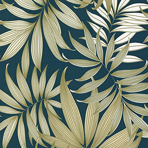 Grandeco Vogue Dark Teal Wallpaper A45303 - Metallic Tropical Palm Leaves