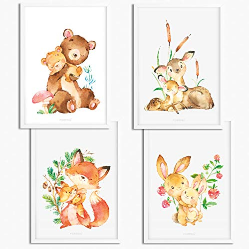 Sunnywall® 4er Set Poster Kinderzimmer - A4 Bilder Babyzimmer Kinderposter | OHNE Bilderrahmen | - Deko Mädchen Junge | Waldtiere Bär Fuchs Bambi Reh Hase