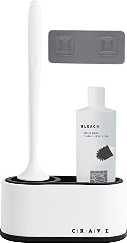 CRAVE Silicone Toilet Brush with Holder Set and Toilet Storage Compartment for Toilet Accessories. Grey Toilet Brush and Holder with Long Handled Flexible Toilet Cleaner Brush Flooring/Wallmount.
