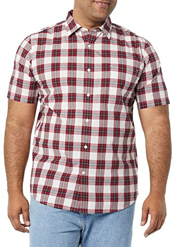 Amazon Essentials Chemise en Popeline à Manches Courtes Coupe Ajustée Homme, Rouge À Carreaux, XXL