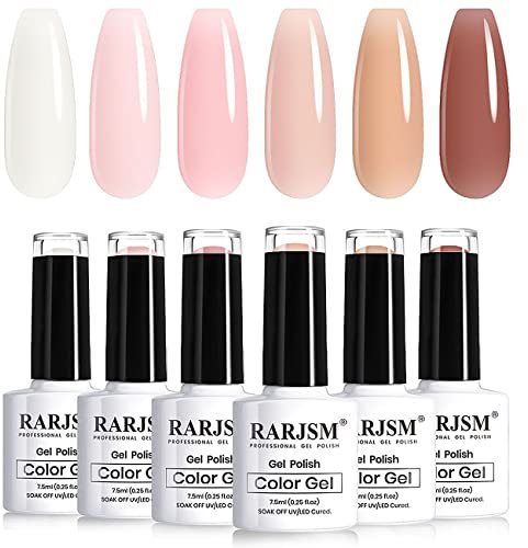 RARJSM Nude Sheer Jelly Pink Gel Nail Polish Set of 6 Transparent Colors LED UV Gel Soak Off Clear Taffy Brown Milky White French Manicure Nail Gel Polish Varnish Curing Requires 7.5ml for Home DIY