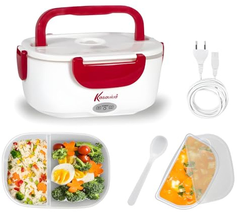VIRSUS 1 Scaldavivande Elettrico Portatile, chiusura ermetica, 2 Contenitori Removibili con piastra riscaldante in Acciaio, 220V - 40Watt Porta pranzo da Ufficio Vari Colori (Rosso) - 084 - F