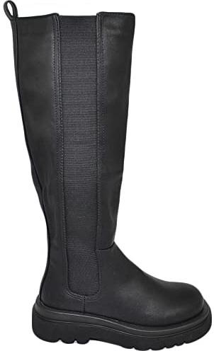 Stivale Donna Aderente Nero Beatles al Ginocchio Elastico Fondo Alto Platform Zig Modello Combat con Zip Moda (37 EU)