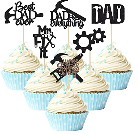 24Pcs Happy Father's Day Cupcake Toppers with Tool Construction Black Glitter Dad Fix Everything Best Dad Ever Cupcake Pick Decorations for Happy Father's Day Theme Party Cake Decorations Supplies