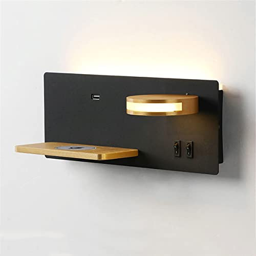 Applique de Chevet LED 11W avec 2 Interrupteurs, Port USB et Chargeur Sans Fil Inclus, Applique Murale Intérieur Blanc Chaud 3000K avec Liseuse 5W Orientable à 360° pour Chambre Salon,Black right