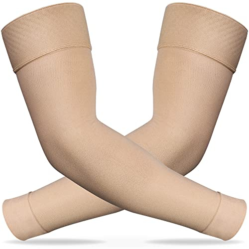 Ailaka Manguitos de compresión para hombre y mujer, 20 – 30 mmHg, para linfedema, apoyo para el dolor de brazos, beige, XL(1 Pair)