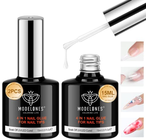 Modelones Colla per Unghie Finte, 2x15 Ml Colla Unghie Finte con Pennello, Base Coat e Rinforzante, Estensione Unghie, Gel Blossom, Polimerizzato in Lampada UV
