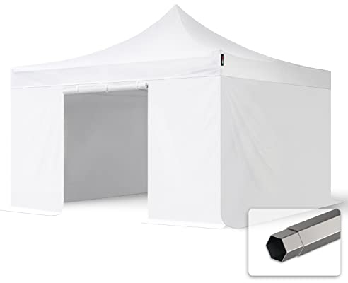 TOOLPORT Faltzelt Faltpavillon Pavillon 4x4m - mit 4 Seitenteilen (ohne Fenster) Premium Dach Partyzelt schwer entflammbar weiß