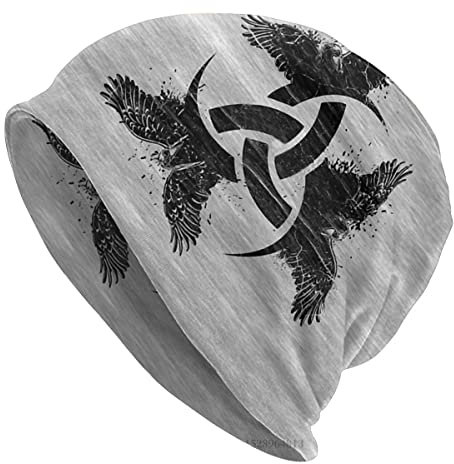 Nordic Skullies Beanie Mütze für Herren, 3D Gedruckte Wikinger Street Strickmütze Mode Hip Hop Hut,Raven horn,One Size