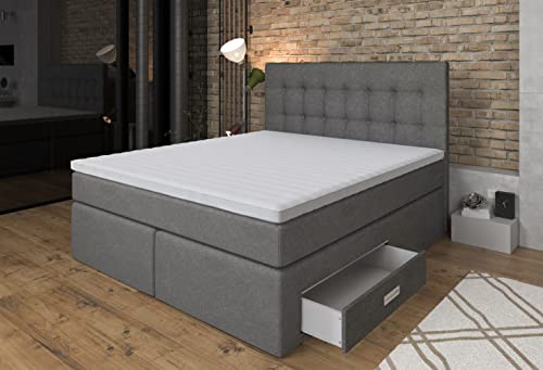 Tesla Dreams Boxspringbett 90x200 Ankona - Rechts Schublade,7 Zonen-Taschenfederkern-Matratzen,H2/H3, Topper 10 cm Höhe MemoLUX, Grau