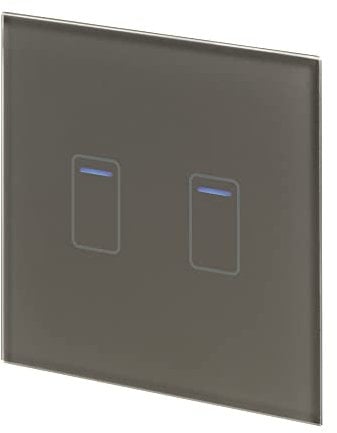 Retrotouch Crystal Touch Switch | LED Light Indicator | 2 Gang 1 Way 300W | Stylish Grey Glass Finish | Screwless Front | 35mm Back Box No-Neutral Required | Luxury Home & Bathroom Light Switches