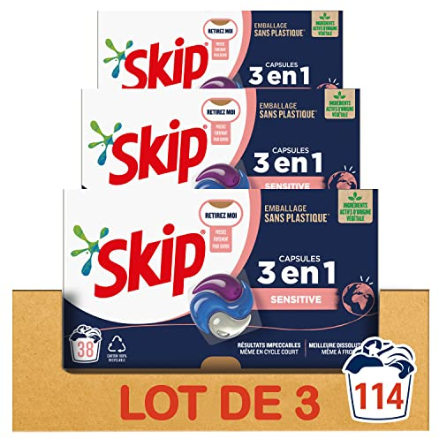Skip Ultimate Lessive Capsules 3en1 Sensitive x114, Spécial Bébés et Peaux Sensibles, Hypoallergénique, 114 Capsules de détergent (Lot de 3x38 Lavages)