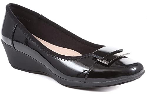 Pavers Ladies Cushioned Ballet Pumps in Black Patent with Arch Support - Lightweight & Durable Women Low Wedge Outdoor Footwear - Size UK 7/EU 40
