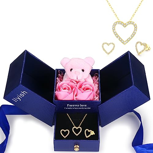 llyish Ewige Rose mit Herz Halskette und Bär Geschenkbox Geschenk für Frauen Mama Freundin Zum Geburtstag Muttertag Jubiläum Valentinstag Erntedankfest