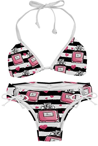 Bikini-Sets für Damen, Strand-Badeanzug, rosa Parfüm, Streifenmuster, Mehrfarbig, XS