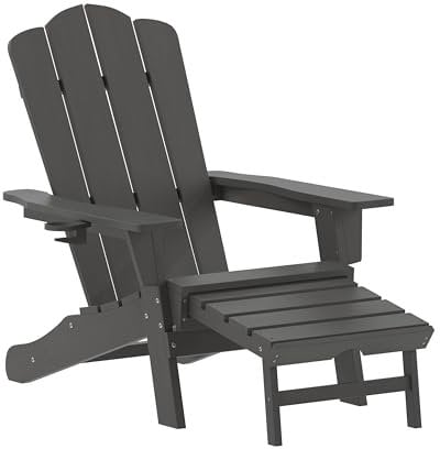 Flash Furniture Newport Adirondack Stuhl mit Getränkehalter und ausziehbarer Ottomane, Allwetter-HDPE Indoor/Outdoor Lounge Chair, Kunststoff: Polyethylen, GRAU, Set of 1