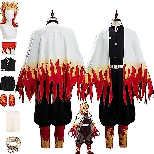 Demon Slayer Anime Rengoku Kyoujurou Cosplay Kostüm, Kimetsu No Yaiba Perücke Kimono Umhang Strickjacke Komplettes Set Halloween Comic Game Party Uniform,Weiß,XXL
