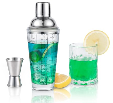 Ailelan Glass Cocktail Shaker with Strainer, 14oz Martini Shaker with 6 Recipes On Side, Clear Drink Shaker Bottle with Measurements, Bar Shakers Set Bartender Kit for Mixing Cocktail, Margarita