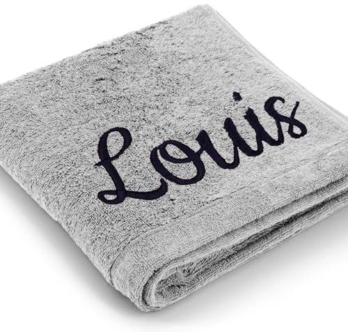 Cawö Premium Handtuch Mit Namen Oder Wunschtext Bestickt, Personalisiert, Individuell, 100% Baumwolle, 50 x 100 cm Grau
