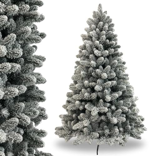 Albero di Natale Innevato 210 cm, Realistico, Super Folto, 1163 Rami con Apertura ad Ombrello, Abete Artificiale Ignifugo, In PVC, Verde e Bianco, Facile da Montare, con Base in Metallo