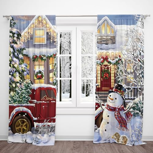 DOTOOMA 82 x 84 Inches Christmas Curtain Red Truck House with Lights On Xmas Tree Colorful Light Pine Tree Bedroom Living Room Window Decoration Drapes 2 Panel