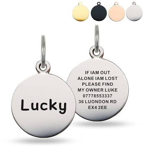 Personalised Engraved Dog Tags for Pets UK Prime, Double Side Stainless Steel Dog ID Name Tag for Dog Cat Puppy Kitty (Round-Silver)