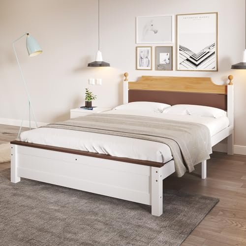 WIZBED Doppelbett, Holzbett, Kiefernholzrahmen mit Mittelfuß, Jugendbett, Erwachsenenbett, mit Kopf- und Fußteil aus MDF, Colour-Blocking, Weiß, 140x200 cm, ohne Matratze