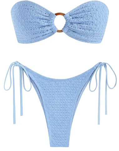 ZAFUL Damen Bandeau-Bikini, O-Ring, trägerlos, Raffhalter, hoher Schnitt, zweiteiliger Badeanzug, 3-hellblau, S