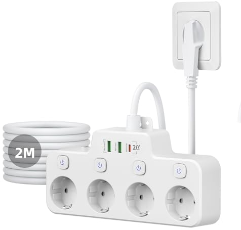 Steckdosenleiste mit USB C PD 20W Steckdosenleiste einzeln Schaltbar mit Flachstecker,4 Fach Mehrfachsteckdose mit Schalter, Mehrfachstecker Wandmontage für Küche Wohnzimmer, Weiß 2M Kabel
