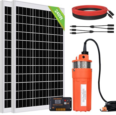 DCHOUSE Juego de bombas solares de 240 W, bomba de pozo de 12 V + 2 paneles solares de 120 W + controlador para riego independiente de la red y agua de ganado – Entrega en 2 paquetes