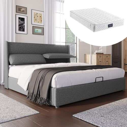 Skcess Polsterbett Doppelbett Mit Verstellbare Kopfstützen,Stauraumbetten Bettgestell Aus Leinenmaterial Jugendbett 160X200 Mit Lattenrost(Mit Matratze)