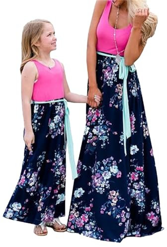 OMZIN Mère Et Fille Robe De Plage Imprimée Robe De Fête Maxi Robe Fille Robe D'Eté Rose Fleurs 1-2 Ans