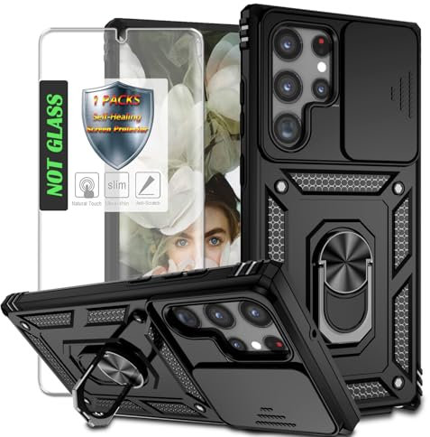 AYMECL for S22 Ultra Case,with Slide Camera Cover,1Pcs Self-Healing Screen Protector,Heavy Duty Shockproof Protective Case with Magnetic Kickstand Card Holder for Samsung Galaxy S22 Ultra 5G,Black