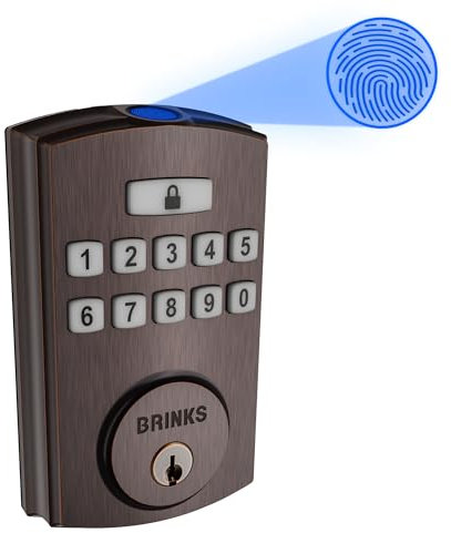 Brinks Fingerprint & Keypad Electronic Door Lock with Deadbolt, High-Security Keyless Entry Smart Lock for Front Door, Up to 50 User Codes, Automatic Locking, Tuscan Bronze