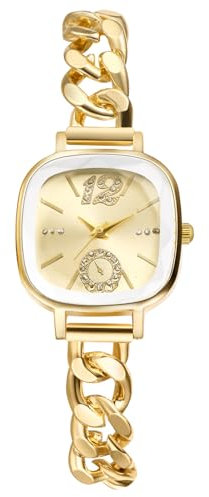JewelryWe Damenuhr Kleine Quadratische Uhr: Glitzer Zirkonia Analog Quarz Armbanduhr Damen Gold Kubanisches Armband Uhr mit Schmalem Panzerkette Metallarmband & Eckigem Zifferblatt