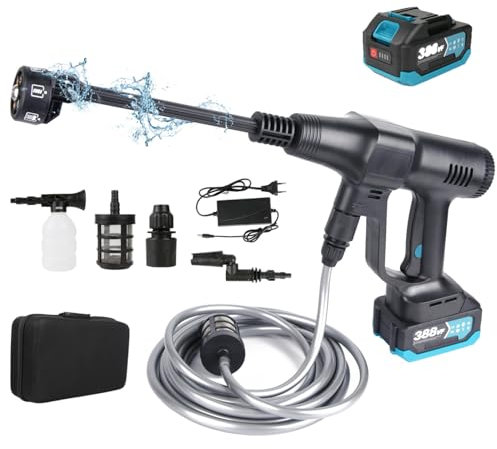 Akku Hochdruckreiniger, 21V Max 200Bar Mobiler Hochdruckreiniger mit wiederaufladbarem Akku, 6-in-1 Multifunktionsdüse, 5m Schlauch, Schaumkrug, WasserFilter, für Auto, Fenster, Schwarz (1x15000mAh)
