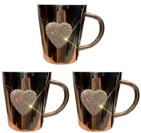 Taza de café y cerveza de acero inoxidable con diamantes de imitación en forma de corazón, taza de café de acero inoxidable con asa, tazas de cristal para café (3 piezas)