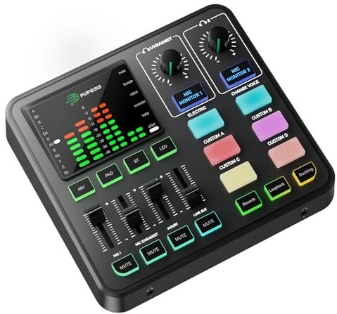 PUPGSIS Gaming Audio Mixer, Audio Interface with Pro-preamp, 48V Phantom Power, Bluetooth 5.3, RGB Lighting, PC Sound Board for Streaming, Podcasting, Recording, Content Creation