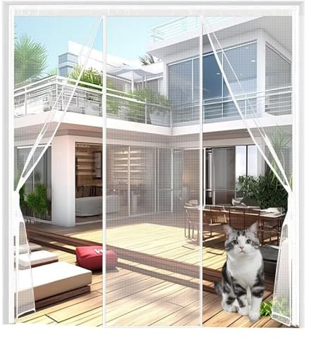 Door Mesh Screen with Magnet,W290xH180cm White Upgraded Pet Screen Door Install Without Drilling Fly Screen Magnetic Door for Bifold Doors