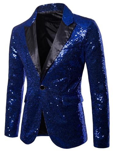 Herren-Blazer mit Pailletten, glänzend, lange Ärmel, Revers, Disco, Metallic, Smoking, Party, Abschlussball, Anzug, Jacke, modischer Glitzer, Smoking für Hochzeitsbankett, blau2, L