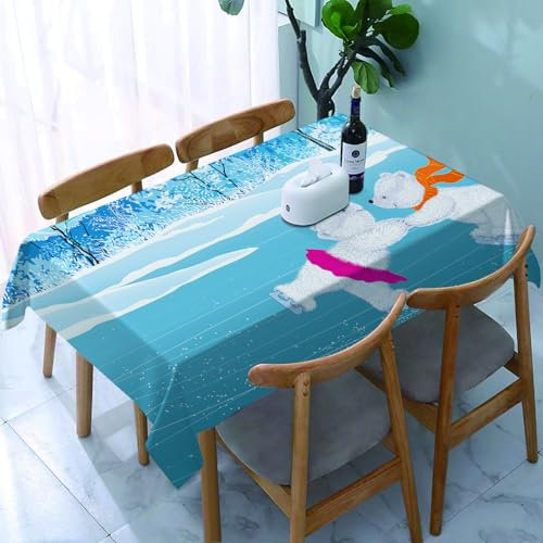 YOIUE Tischdecke Abwaschbar Rechteckig,137x183cm,Polyester Tischtuch Tafeldecke Ornamente Schmutzabweisend Pflegeleicht,Cartoon, Kleine Eisbären Laufen Schlittschuh auf dem zugefrorenen See Love Part