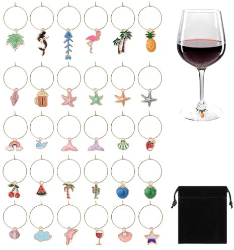 VLYX 30-Piece Wine Glass Charms Set with Velvet Bag - Funny Glass Tags, Wine Tasting Party Decorations, Stemware Identifiers