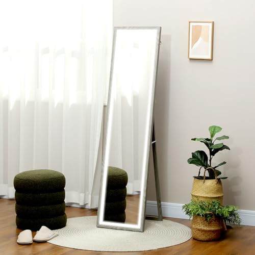 HOMCOM Ganzkörperspiegel 40 x 160 cm Standspiegel mit LED-Lichte, 3 Lichtfarben, Wandspiegel mit Touch-Steuerung, Bodenspiegel für Schlafzimmer, Wohnzimmer, Grau