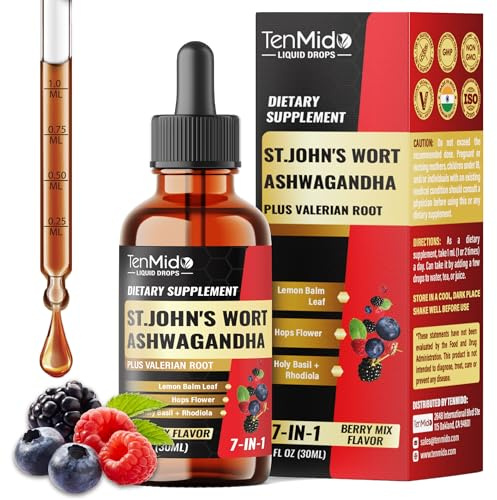 Tenmido St Johns Wort Tincture - Liquid Herbal Extract Supplements - 7in1 with Ashwagandha, Valerian, Lemon Balm, Hops Flower, Holy Basil, Rhodiola Rosea - 30ml 1 Fl Oz
