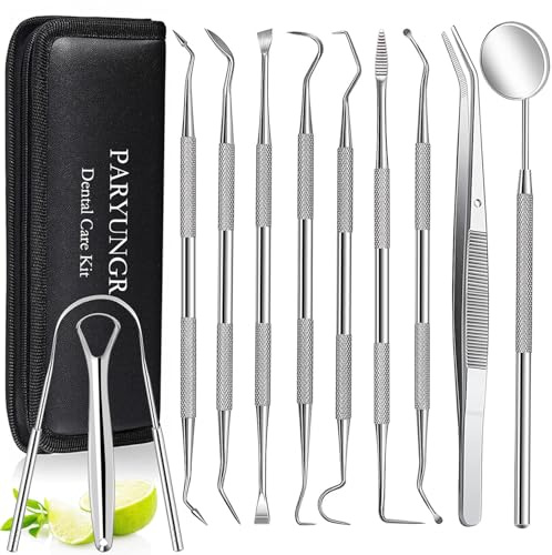 11 Pack Dental Tools PARYUNGR Teeth Cleaning Tool Kit, Stainless Steel Tongue Scraper Tartar Plaque Remover Tooth Cleaner Dental Floss Picks Mouth Mirror, Professional Oral Care Hygiene Set with Case