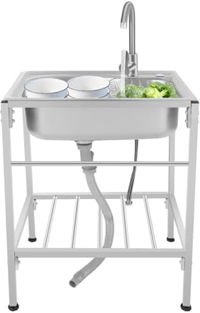 MEELRYD Fregadero independiente de acero inoxidable, armario con fregadero y escurridor, fregadero fregadero móvil individual cocina con grifo, lavabo móvil para exteriores, taller, camping