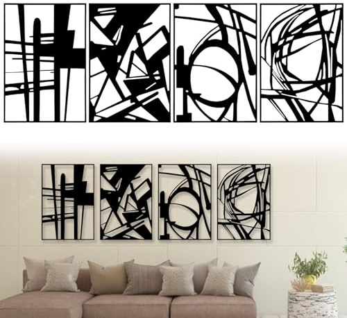 Decoración De Pared, 4PC Arte Mural En Metal Abstracta De Líneas Decoración | Colgante Negra Cuadros Metálicos Con Estructura 3D Arte Minimalista Para Sala De Estar Dormitorio Y Baño