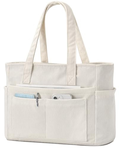 oscaurt Cord Tasche Damen 13-Taschen Handtasche Shopper Groß | Arbeitstasche, mit Laptopfach und Reißverschluss, Faltbar Umhängetasche, Tote Bag, Strandtasche, Für Schule Arbeit Reisen