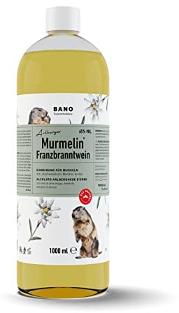 Arlberger Murmelin Franzbranntwein 1000ml, Ideal vor und nach Sport, sowie bei Muskelkater, zum Kühlen schwerer Beine, 65% vol. Alkohol, echtes Latschenkieferöl, Menthol und Arnikaextrakt