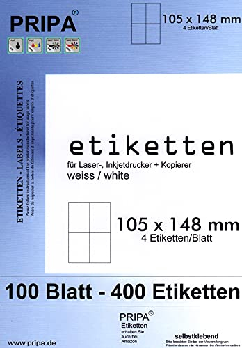pripa - Etiketten 105 x 148-4 Stueck auf A4-100 Blatt - weiß - DIN A4 selbstklebende Etiketten 3424